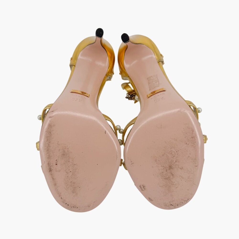Gucci Regina Metallic Gold Pearl Studded T-Strap Heels Bee GG Size 37.5 US 7.5 - Picture 14 of 15